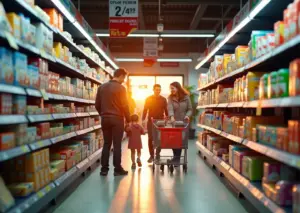 Полки супермаркета с собственными торговыми марками и семья, выбирающая качественные товары для домашней экономики