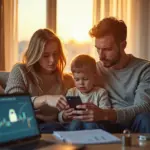 Современная российская семья дома с осторожностью использует смартфон и ноутбук, символизируя защиту от мошенничества по телефону и в интернете