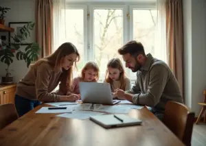 Семья дома рассматривает документы и использует ноутбук для управления налоговыми вычетами и семейным бюджетом в России в 2025 году