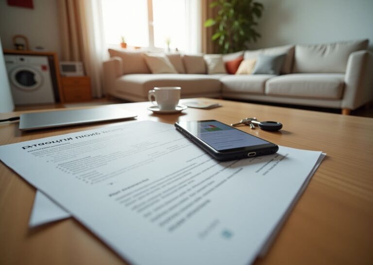 Интерьер квартиры с документами страхового полиса и ключами на столе, символ защиты имущества и семейной безопасности