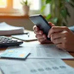 Семья за столом планирует бюджет: смартфон с банковским приложением, кредитная карта, калькулятор и календарь с отмеченной датой платежа