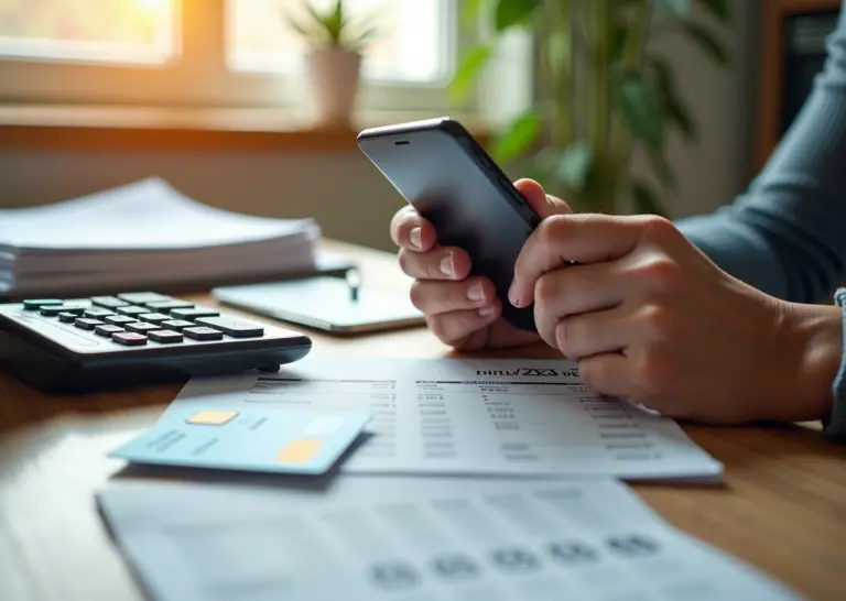 Семья за столом планирует бюджет: смартфон с банковским приложением, кредитная карта, калькулятор и календарь с отмеченной датой платежа