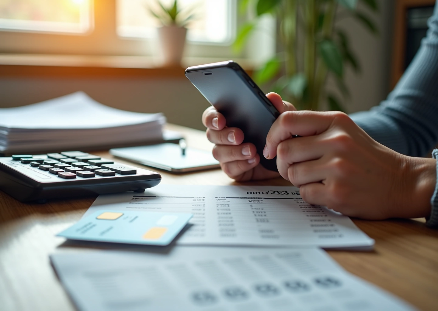 Семья за столом планирует бюджет: смартфон с банковским приложением, кредитная карта, калькулятор и календарь с отмеченной датой платежа