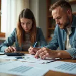 Семья за кухонным столом с бумагами, калькулятором и визуальными символами методов «снежного кома» и «лавины»