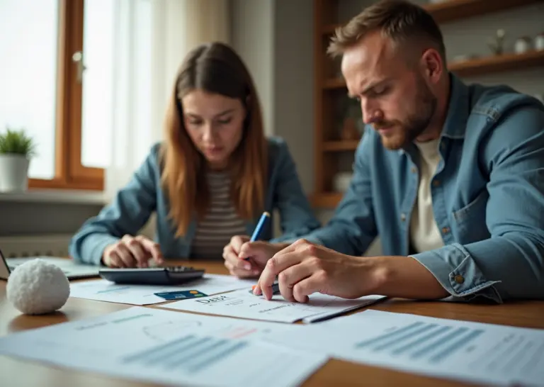 Семья за кухонным столом с бумагами, калькулятором и визуальными символами методов «снежного кома» и «лавины»