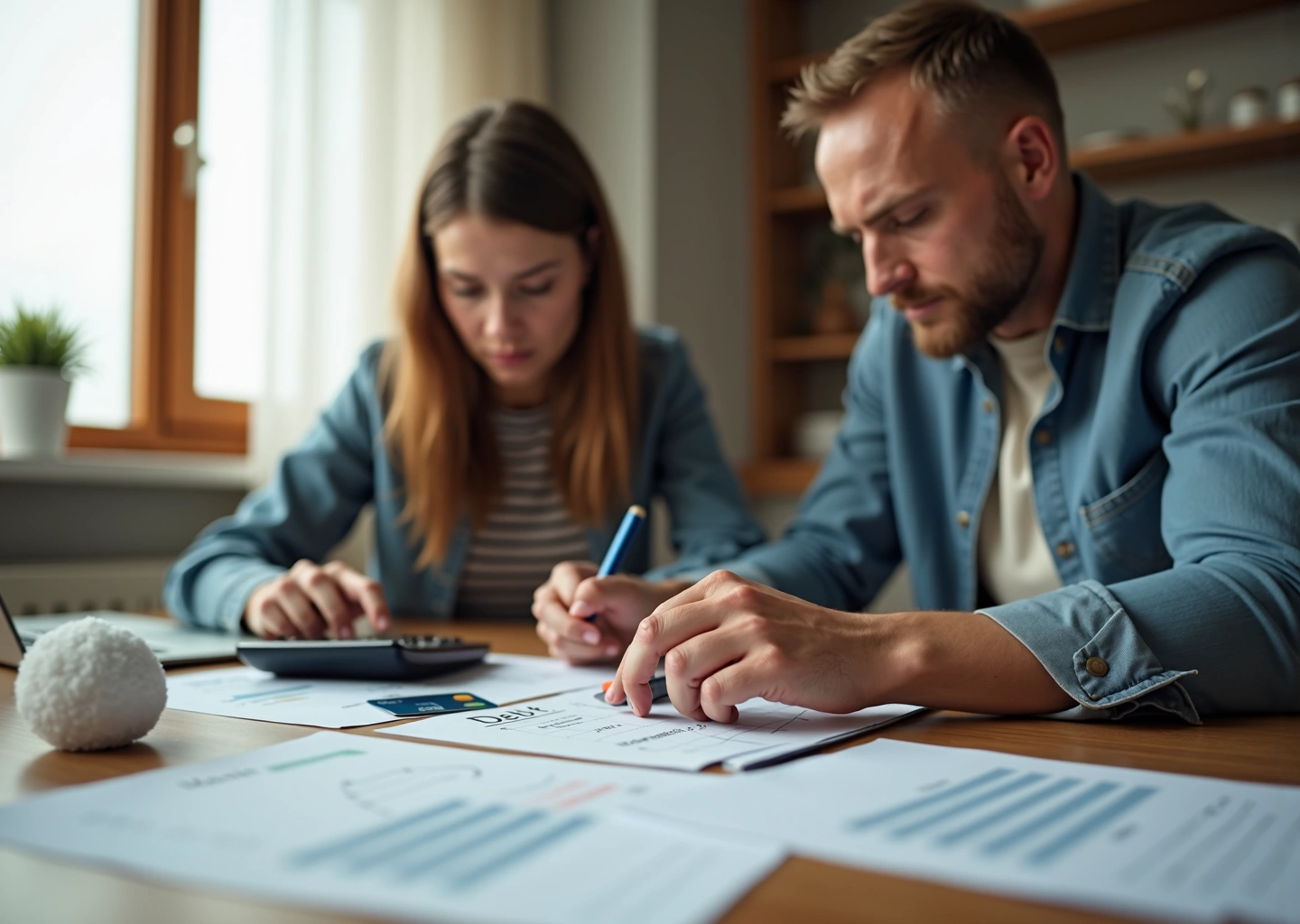 Семья за кухонным столом с бумагами, калькулятором и визуальными символами методов «снежного кома» и «лавины»