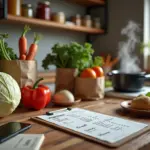 Семья за кухонным столом планирует недельное меню рядом с продуктами, списком покупок и заметками о бюджете