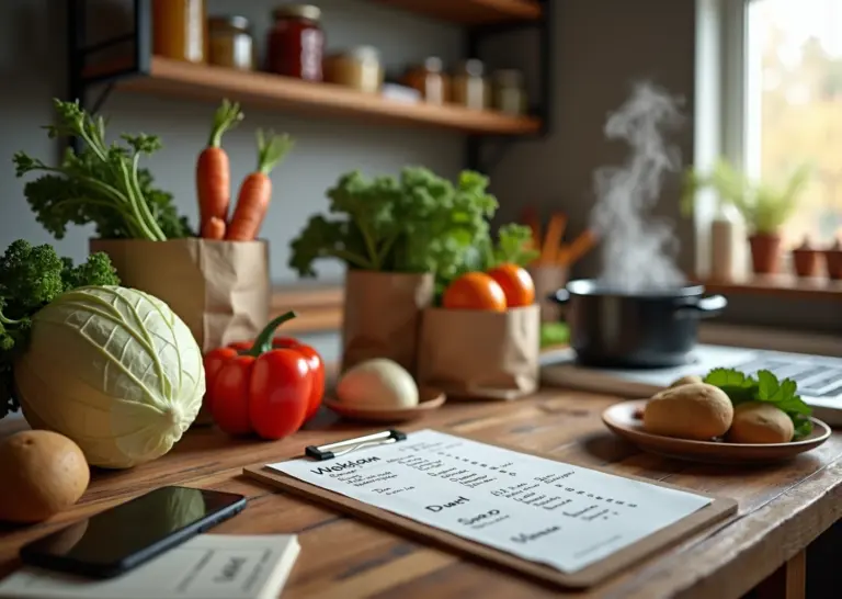 Семья за кухонным столом планирует недельное меню рядом с продуктами, списком покупок и заметками о бюджете