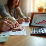 Семья за столом с калькулятором, рублями и планшетом с графиком роста цен, символы инфляции и заботы о сбережениях