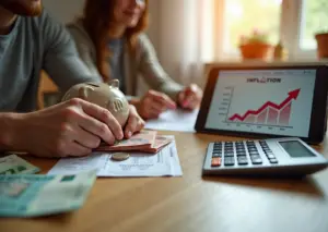 Семья за столом с калькулятором, рублями и планшетом с графиком роста цен, символы инфляции и заботы о сбережениях