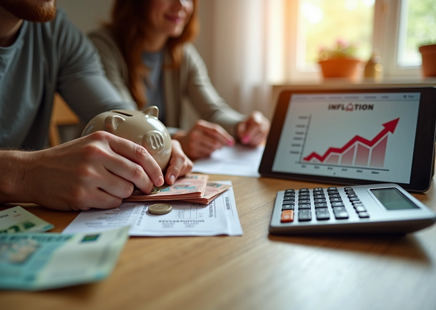 Семья за столом с калькулятором, рублями и планшетом с графиком роста цен, символы инфляции и заботы о сбережениях