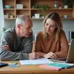 Семья за кухонным столом с ноутбуком, конвертами и банкой с сбережениями — обсуждают семейный бюджет