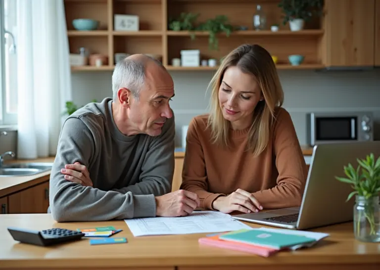 Семья за кухонным столом с ноутбуком, конвертами и банкой с сбережениями — обсуждают семейный бюджет