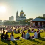 Люди отдыхают на городской набережной и в парке: пикник, уличные музыканты, афиша мероприятий, купола и современные здания на фоне