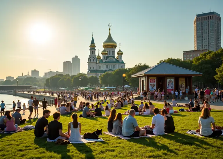 Люди отдыхают на городской набережной и в парке: пикник, уличные музыканты, афиша мероприятий, купола и современные здания на фоне