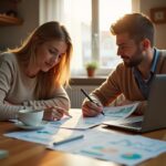 Молодая семья за столом планирует инвестиции: ноутбук с графиками, документы ИИС, калькулятор и рубли на столе в домашней обстановке