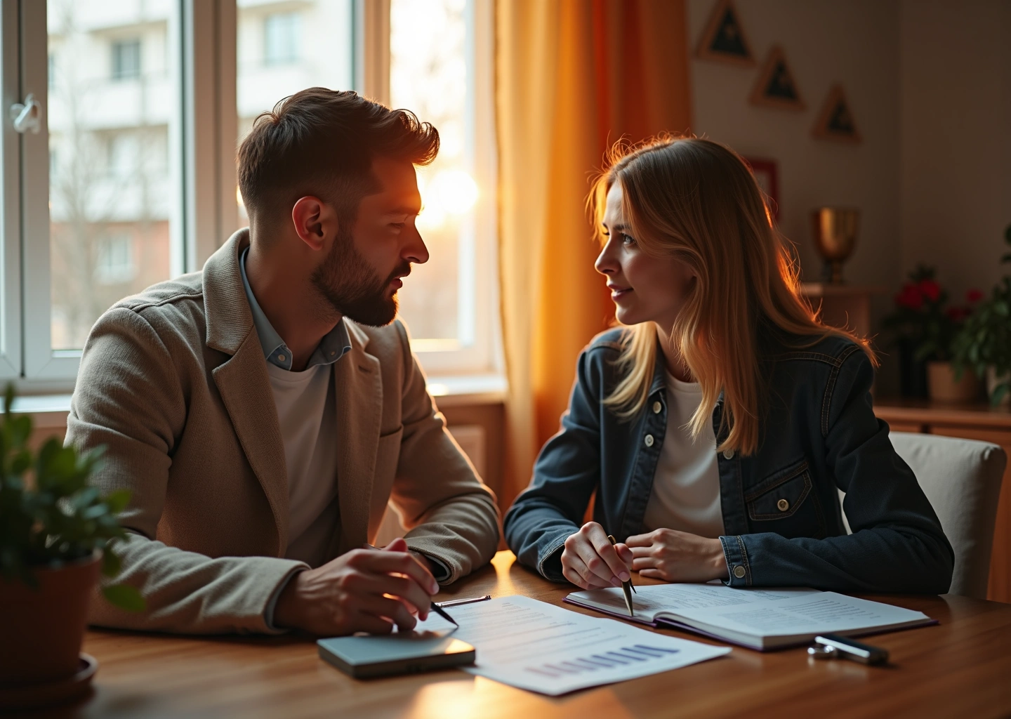 Семейная пара планирует семейный бюджет и финансовые цели дома