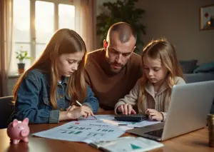 Русская семья дома, управляющая финансами и рассчитывающая налог на доходы с вкладов