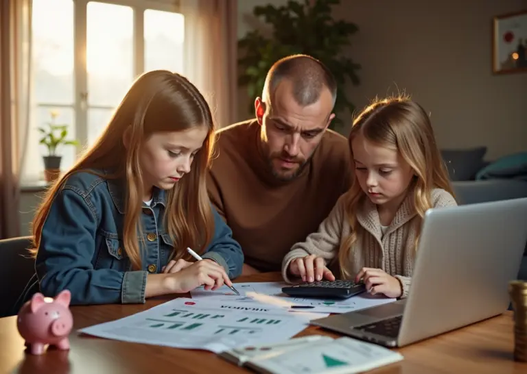 Русская семья дома, управляющая финансами и рассчитывающая налог на доходы с вкладов