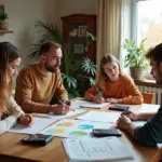 Семья занимается бюджетированием дома, используя списки покупок и калькуляторы, демонстрируя контроль над импульсивными покупками