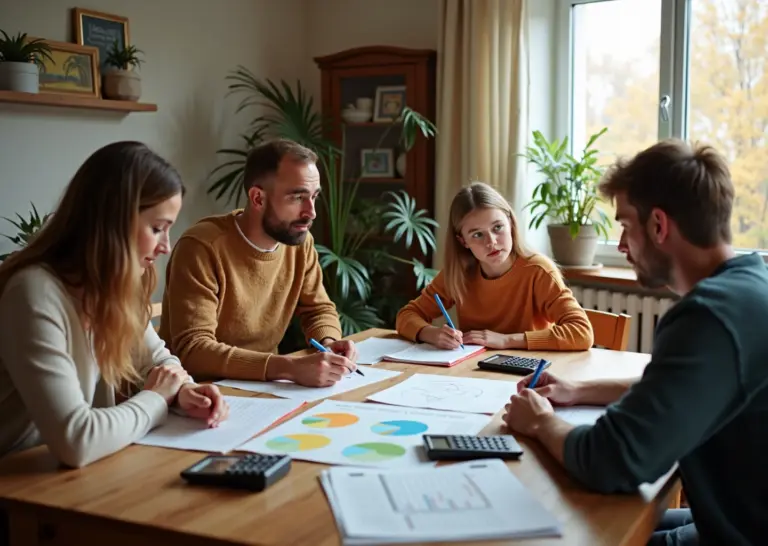 Семья занимается бюджетированием дома, используя списки покупок и калькуляторы, демонстрируя контроль над импульсивными покупками