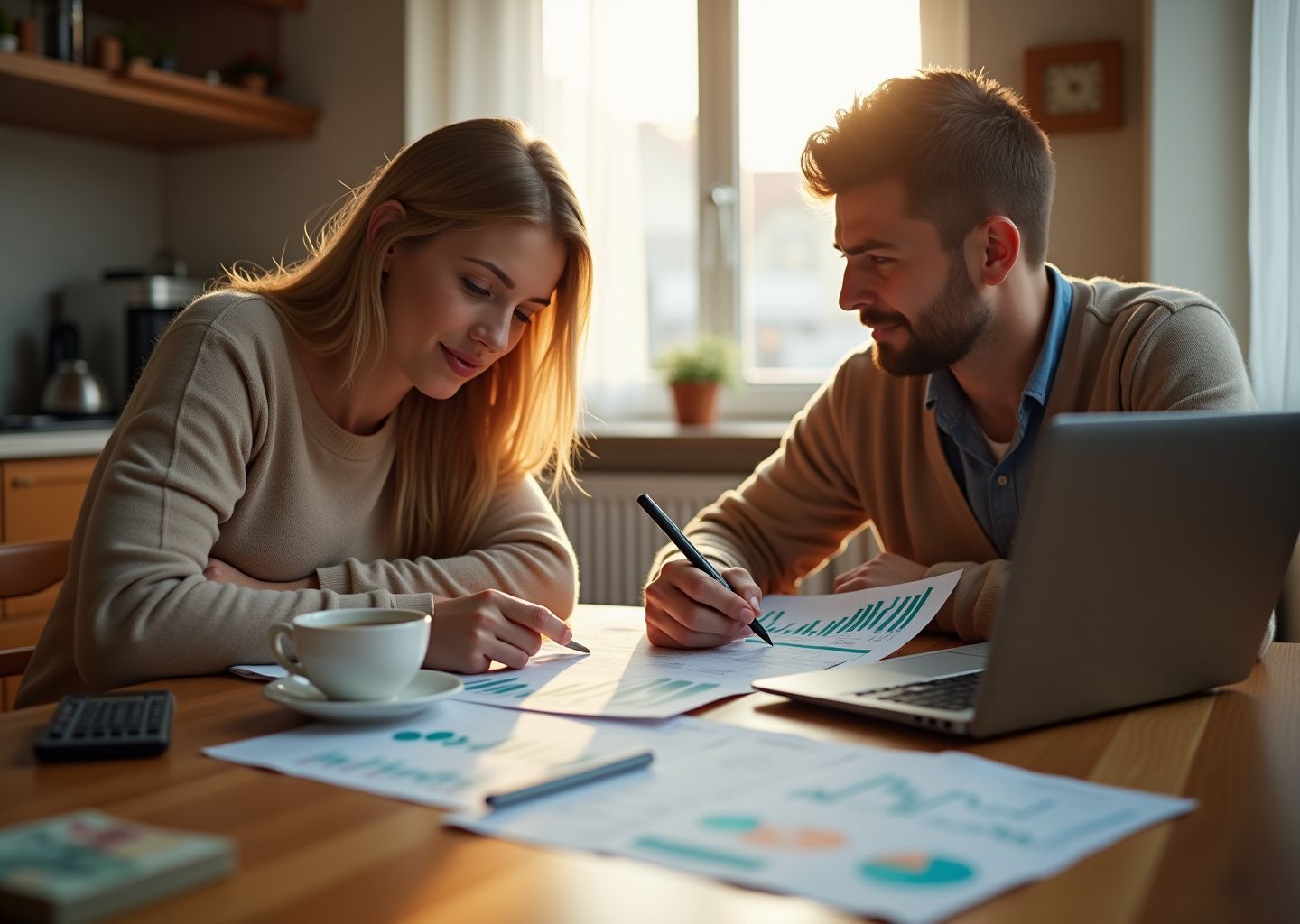 Молодая семья за столом планирует инвестиции: ноутбук с графиками, документы ИИС, калькулятор и рубли на столе в домашней обстановке